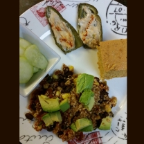 Quinoa, fire-roasted tomatoes, corn, black beans, topped with avocados. Side of cajun cornbread, stuffed jalapeños, and sweet and sour cucumbers.