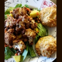 BBQ roasted cauliflower, mango, peppers, mixed beans atop mixed greens with a side of Red Lobster biskets