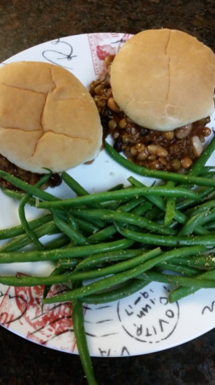 Super simple, quick, nutritious meal. Meatless Sloppy Joes. Slightly mashed mixed beans and lentils with BBQ sauce, and a side of fresh steamed green beans. /kids-kitchen-slow-cooker-lentil-sloppy-joes
